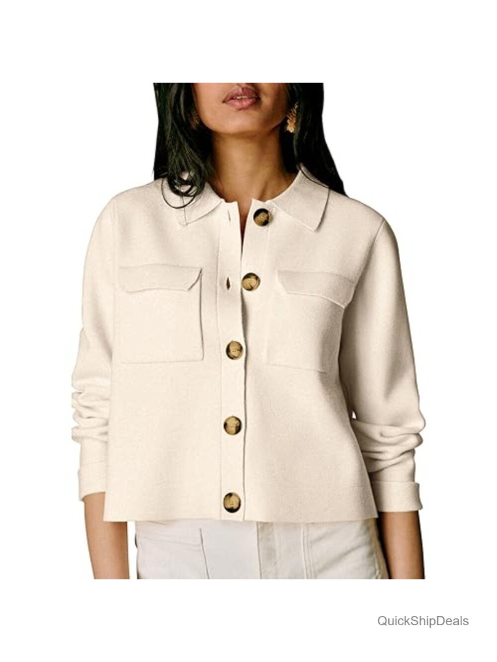 Merino Wool Cropped Cardigan Sweater Women Button Down Knit Shacket Long Sleeve